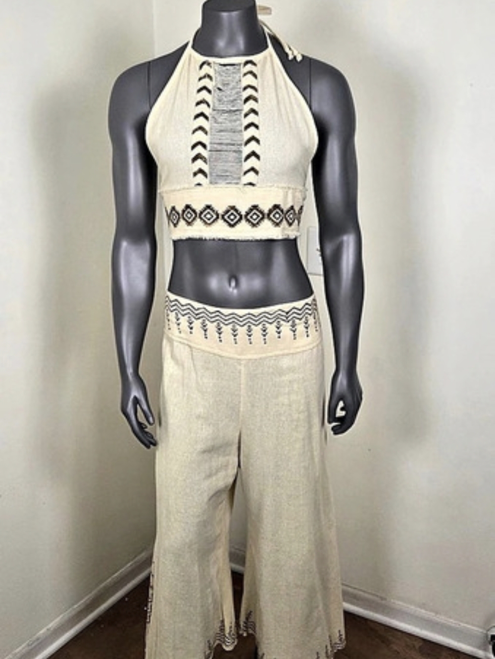 KATMANDU IMPORTS Cream Crochet Halter Crop Top And Wide Leg Pants 100% Cotton